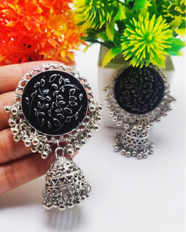 Vintage Black Stone Oxidised Jhumka Earrings