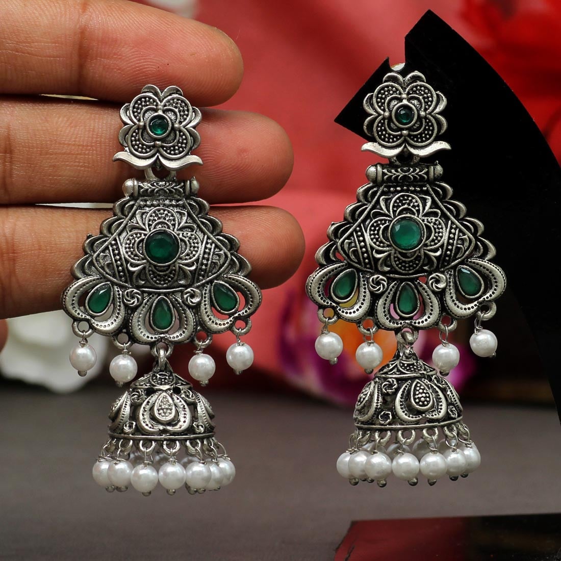 Pearl Drop Oxidised Jhumka Earrings