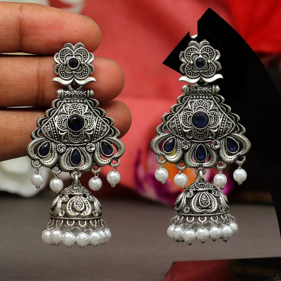 Pearl Drop Oxidised Jhumka Earrings