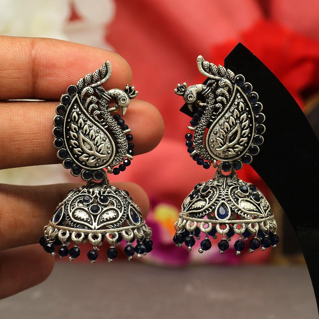 Royal Peacock Oxidised Jhumka Earrings