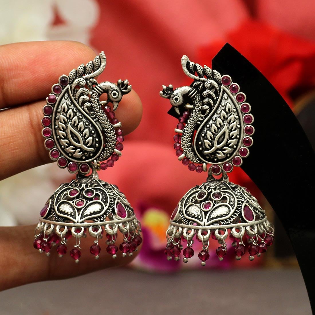 Royal Peacock Oxidised Jhumka Earrings