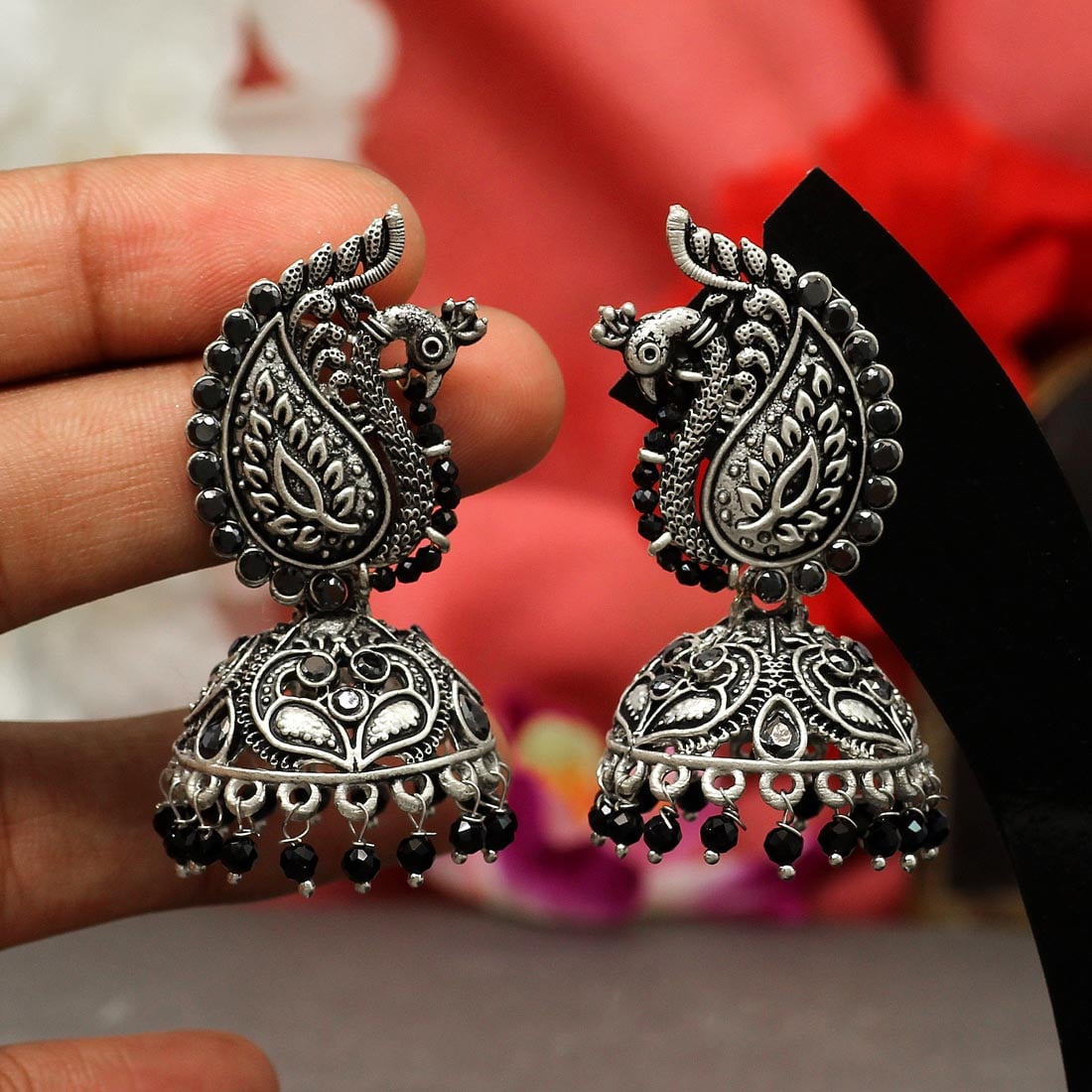 Royal Peacock Oxidised Jhumka Earrings