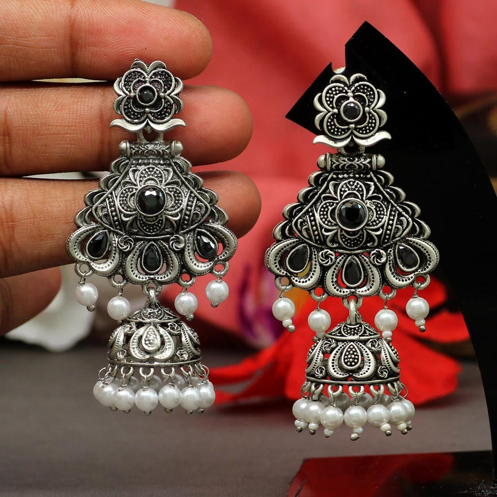 Pearl Drop Oxidised Jhumka Earrings