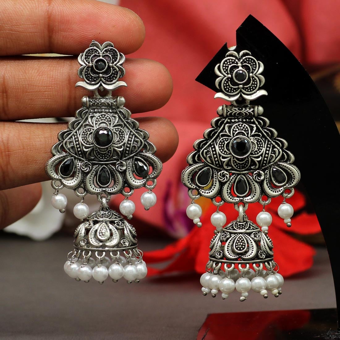 Pearl Drop Oxidised Jhumka Earrings