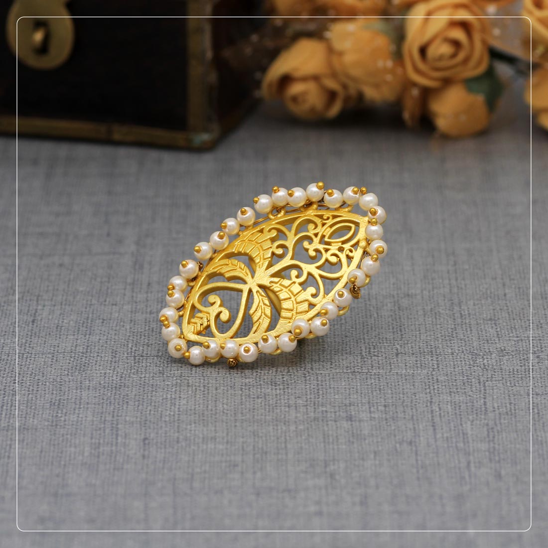 Gold Filigree Pearl Statement Ring