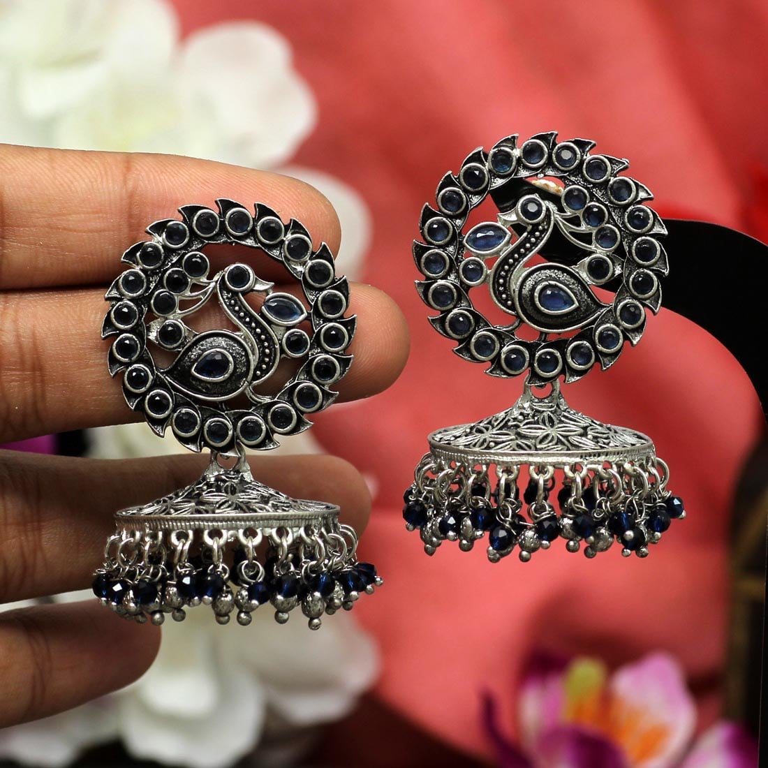 Oxidised Peacock Jhumka Earrings