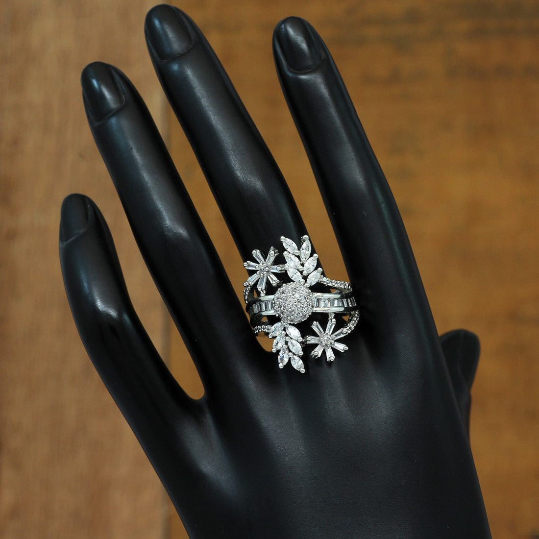Celestial Bloom Crystal Ring, Luxury Adjustable CZ Statement Ring for Women | Silver Crystal Cocktail Ring