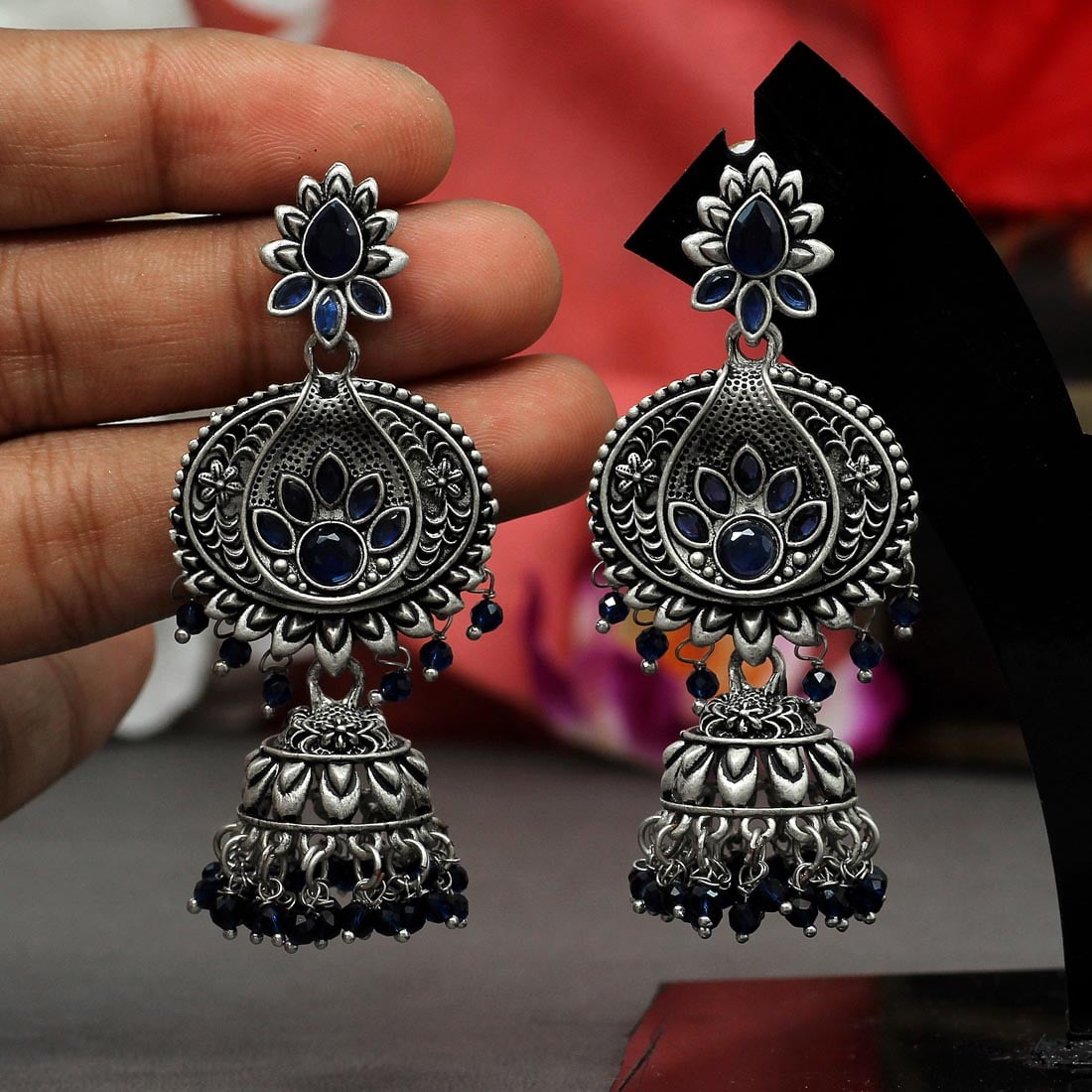 Midnight Lotus Oxidised Jhumka Earrings