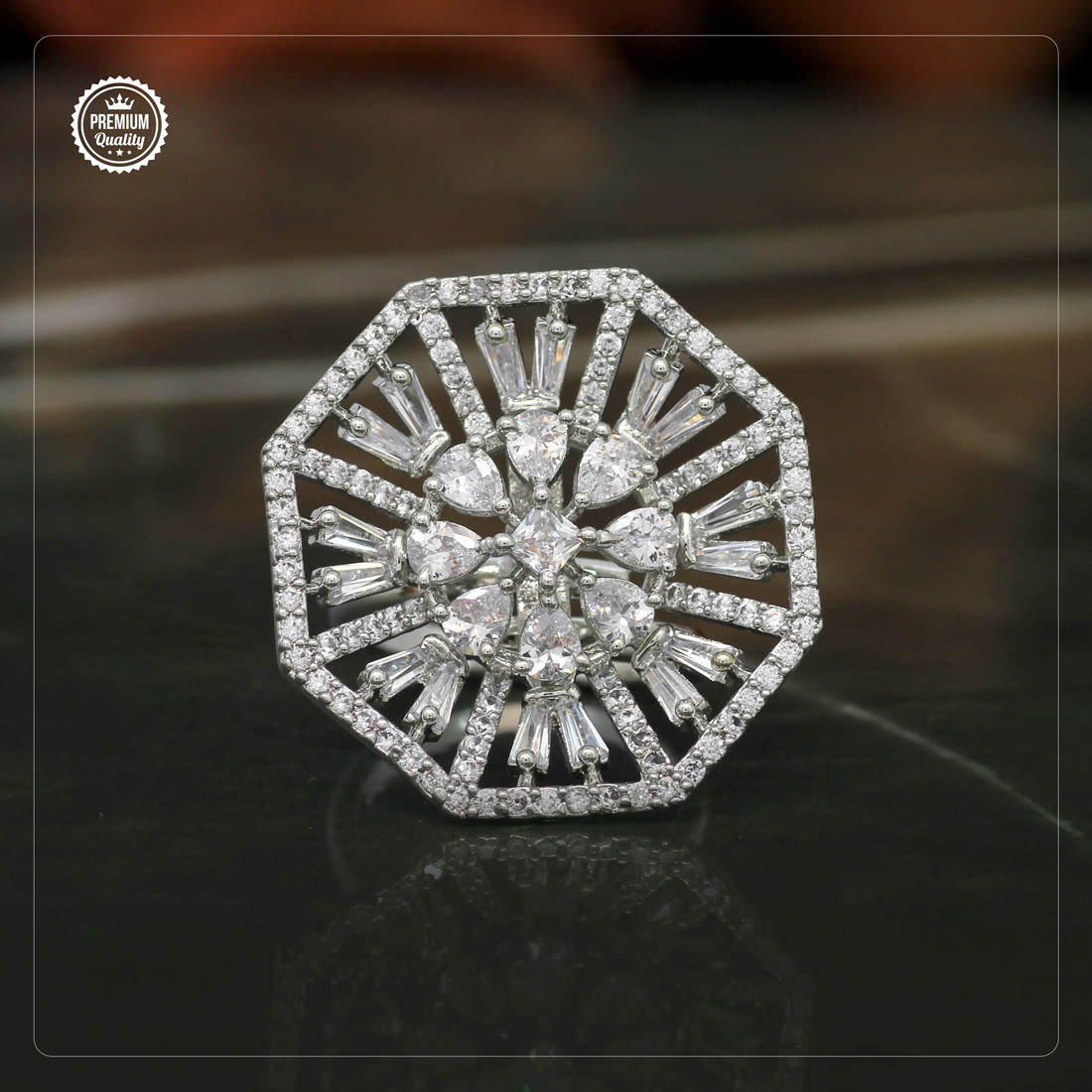Luxury Crystal Statement Ring for Women | Adjustable Silver CZ Cocktail Ring | The Manjari