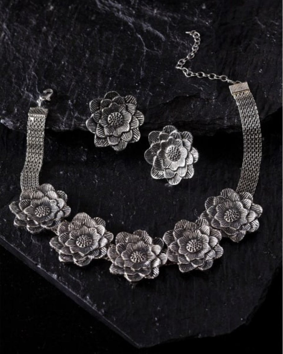Black Oxidised Floral Necklace Set