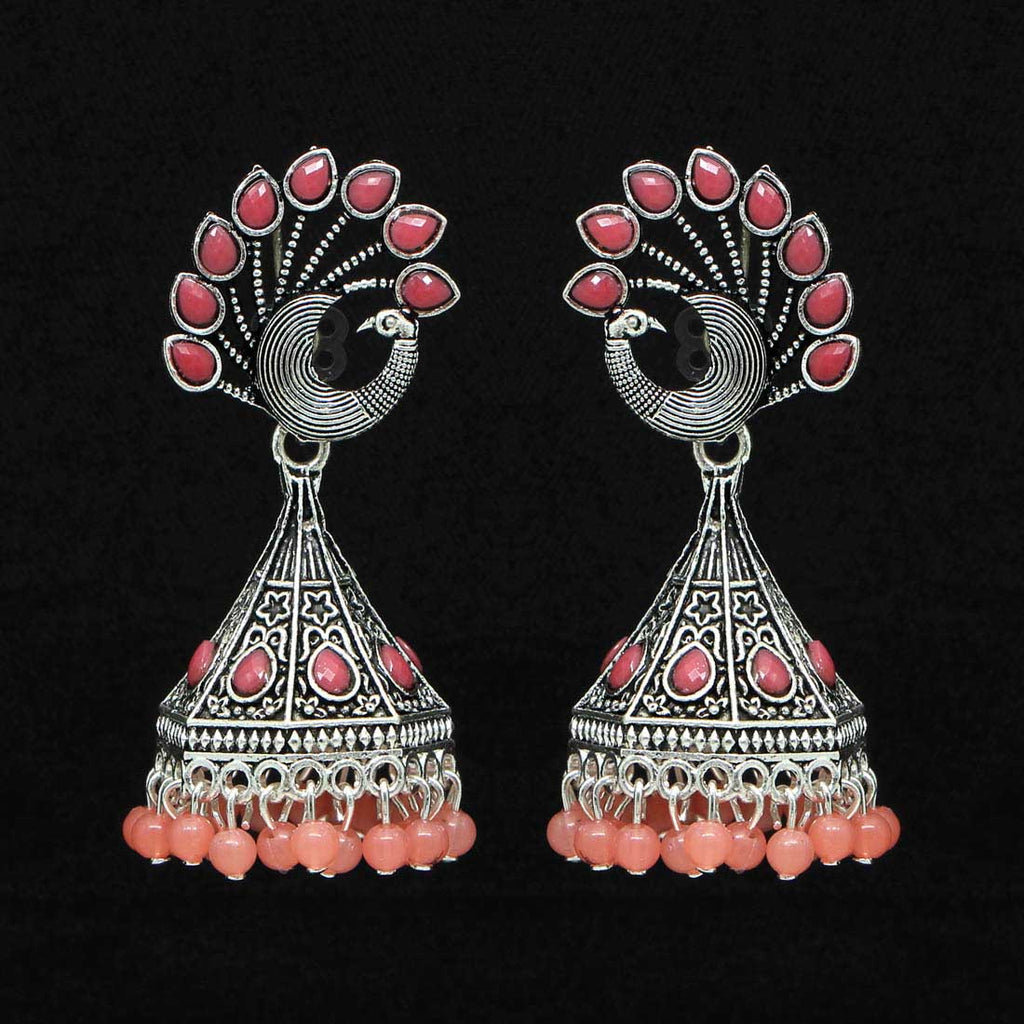 Peacock Grace Oxidised Jhumka Earrings