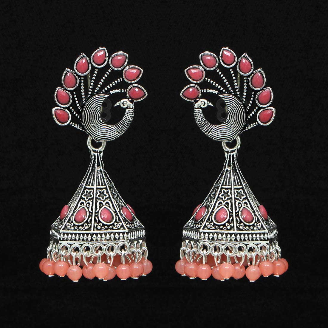 Peacock Grace Oxidised Jhumka Earrings