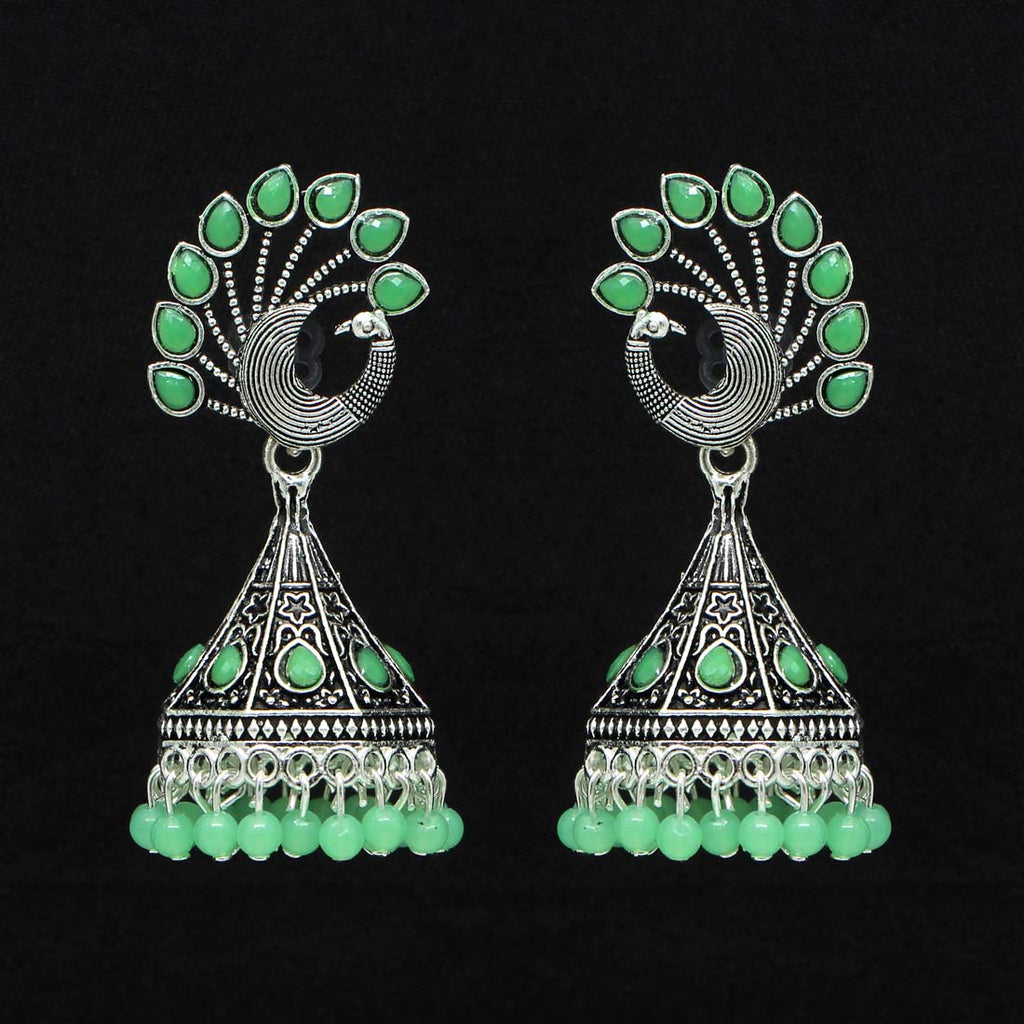 Peacock Grace Oxidised Jhumka Earrings