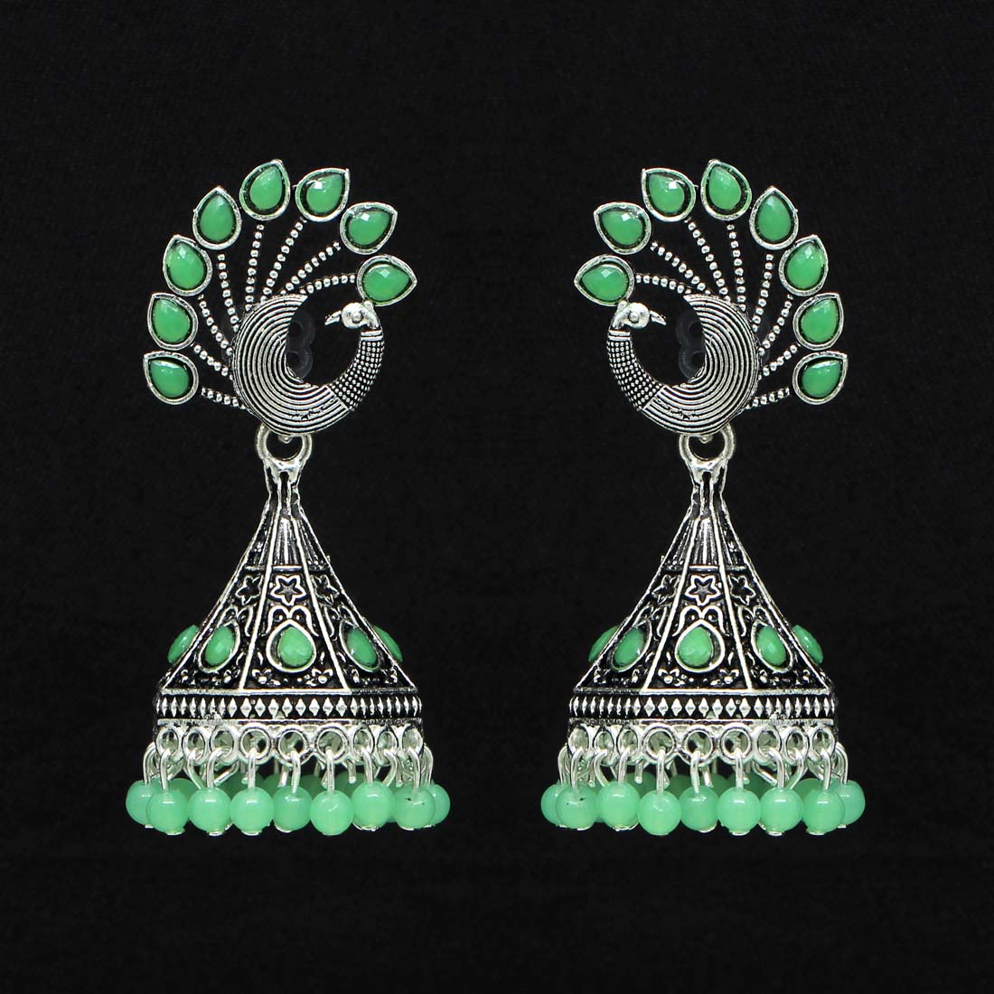 Peacock Grace Oxidised Jhumka Earrings