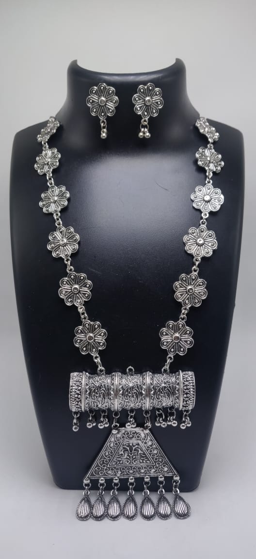 Floral Oxidised Long Necklace Set
