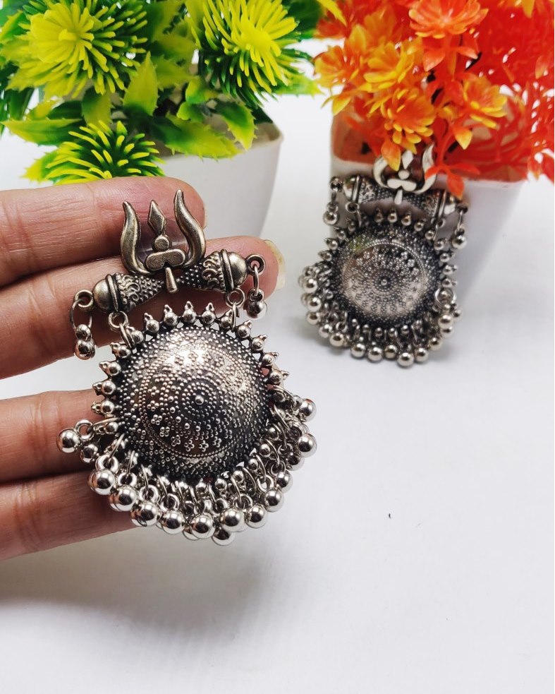 Oxidised Tribal Trishul Earrings