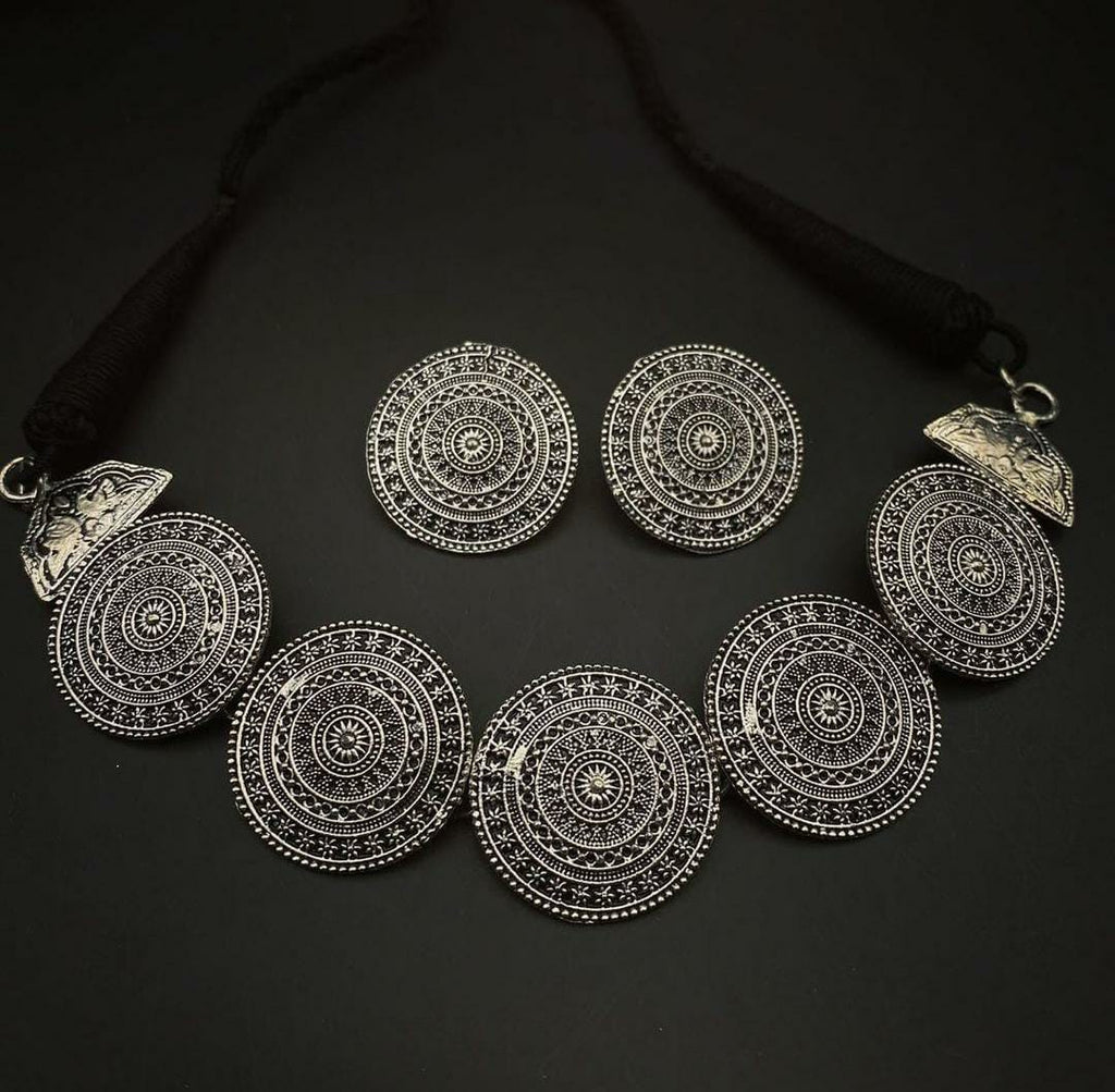 Oxidised Silver Disc Necklace Set