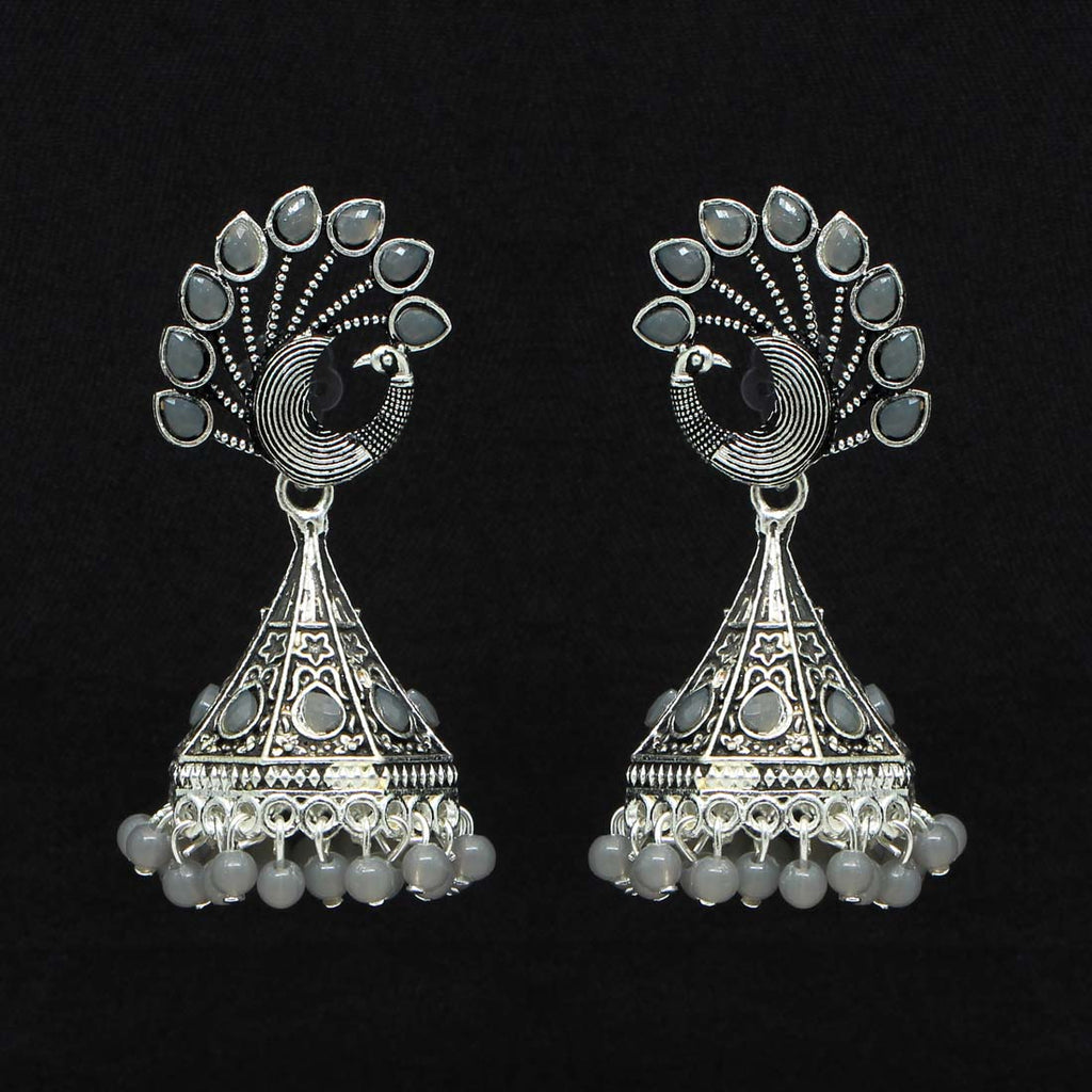 Peacock Grace Oxidised Jhumka Earrings