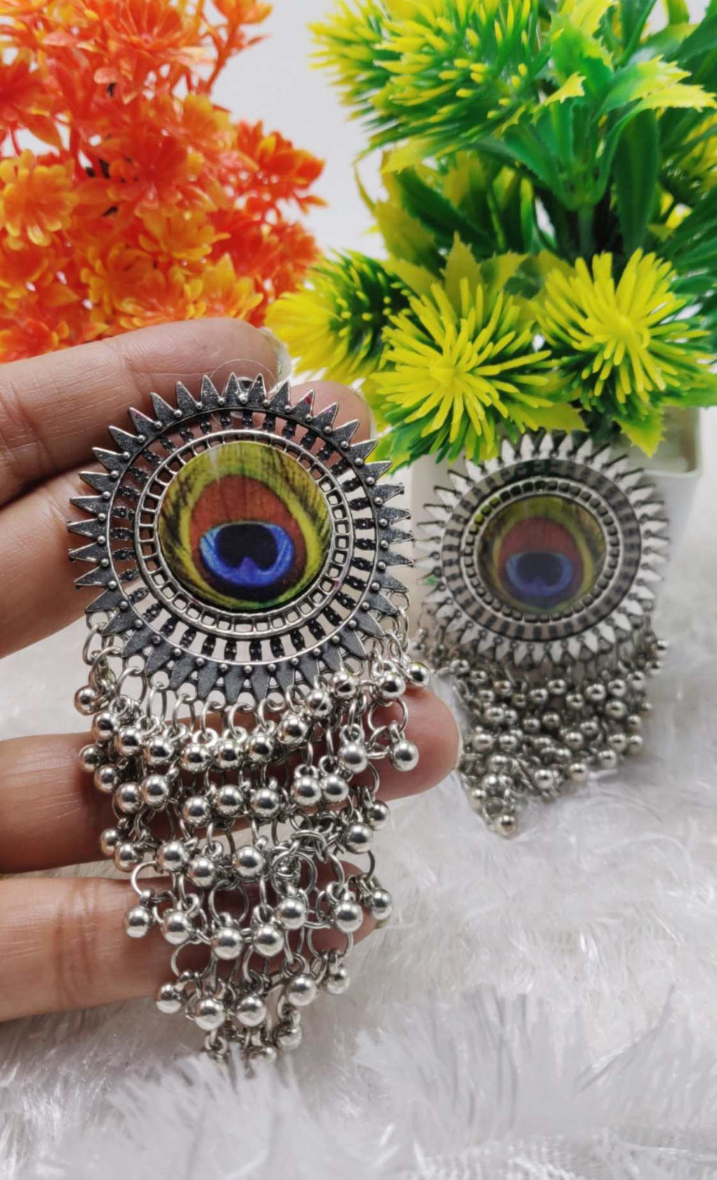 Peacock Radiance Oxidised Statement Earrings