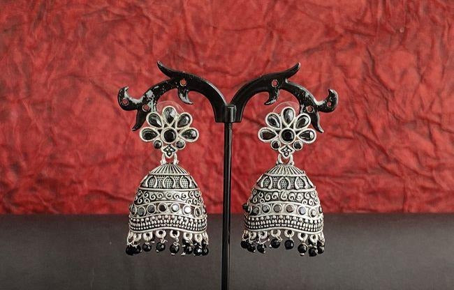 Oxidised Silver Floral Jhumka Earrings
