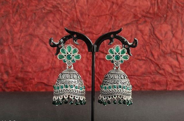 Oxidised Silver Floral Jhumka Earrings