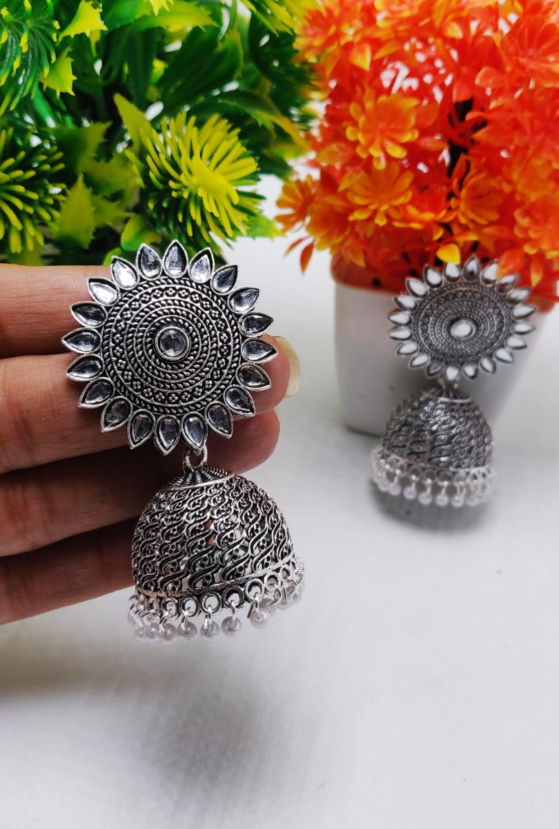 Oxidised Silver Sun Jhumka Earrings
