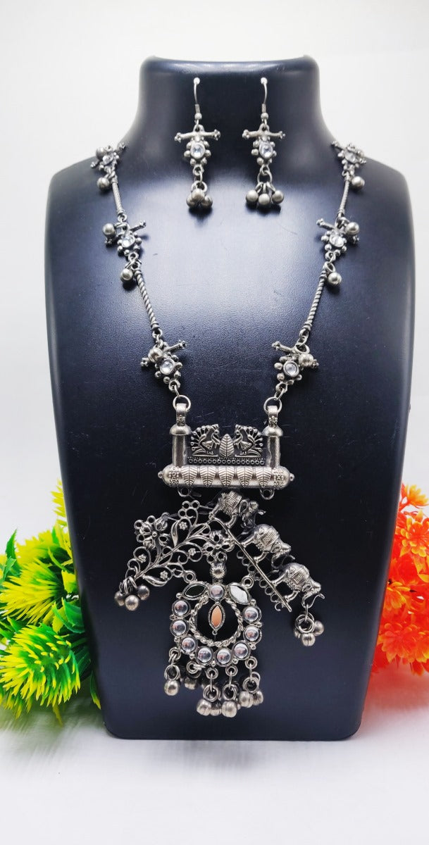 Oxidised Silver Floral Temple Long Necklace Set with Earring