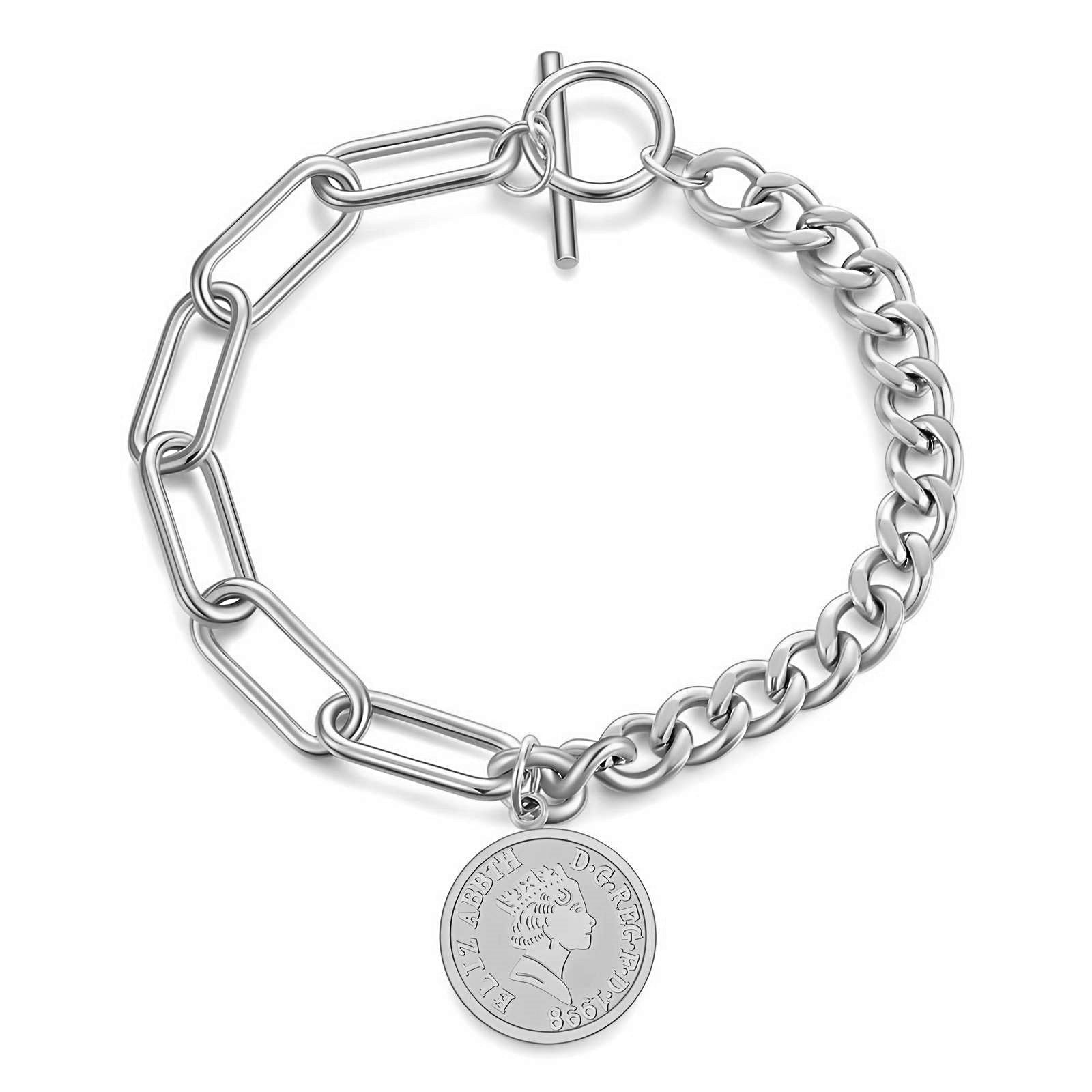 Silver Chunky Chain Bracelet with Coin Charm