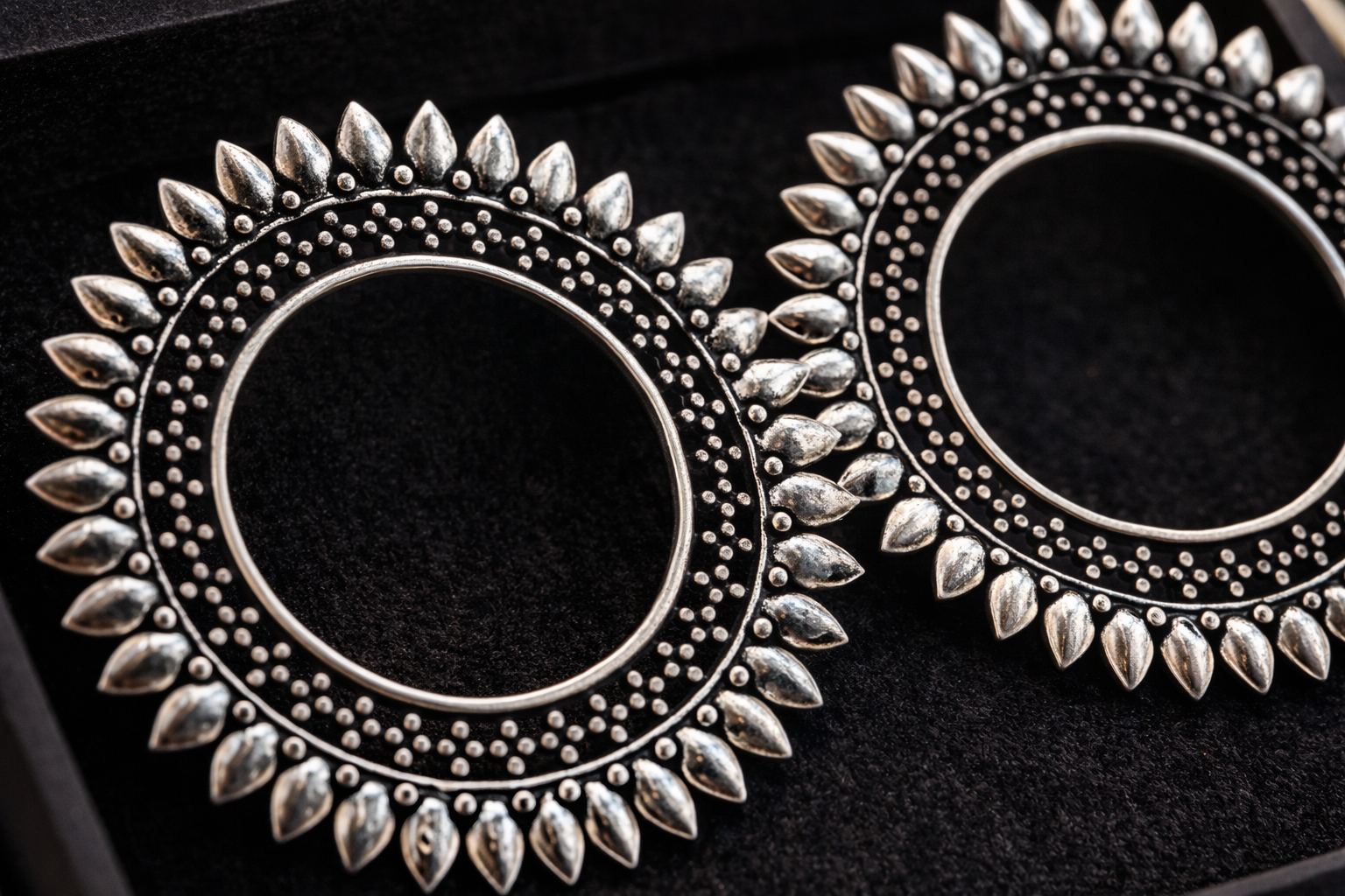 Sunburst Tribal Oxidised Hoop Earrings