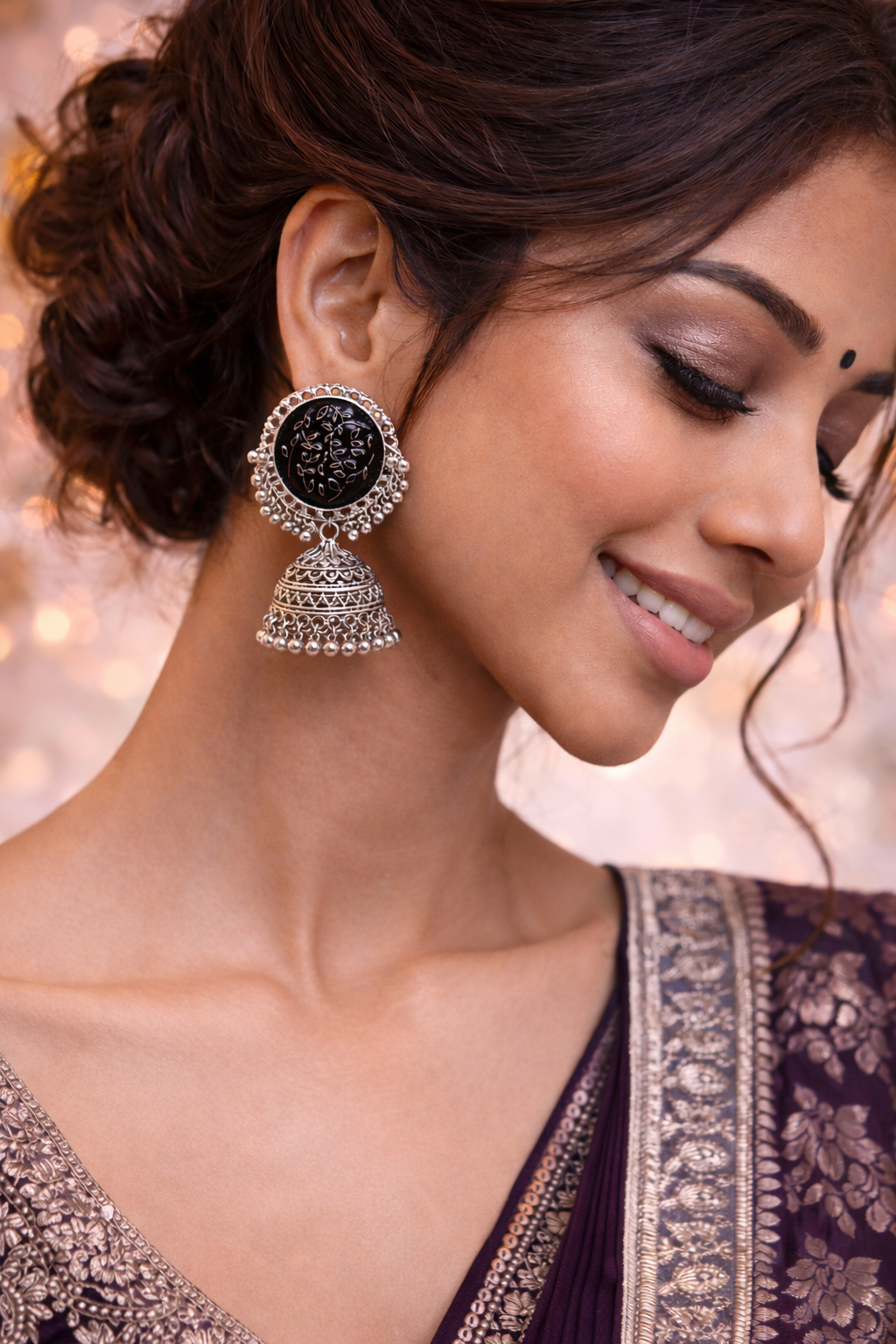 Vintage Black Stone Oxidised Jhumka Earrings