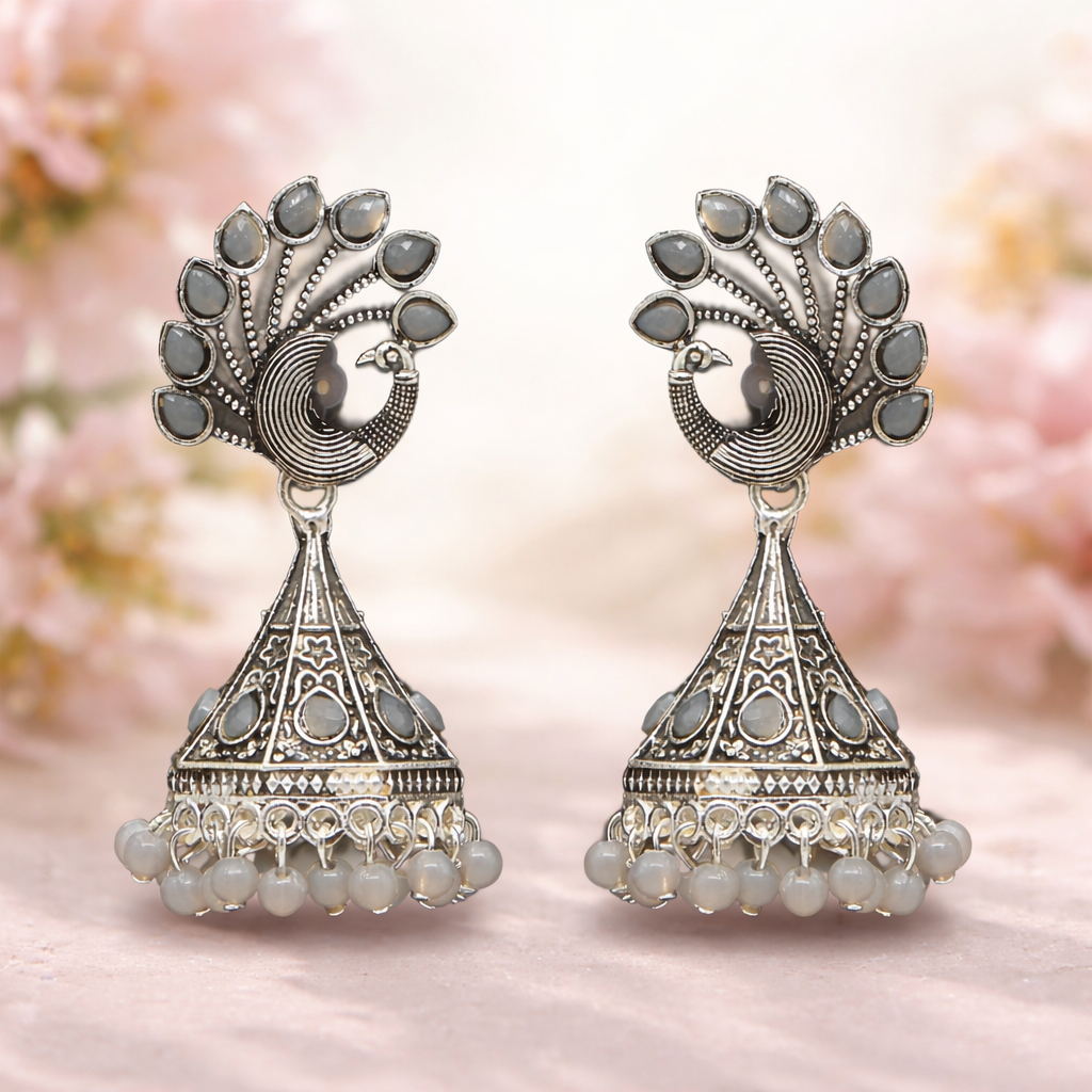 Peacock Grace Oxidised Jhumka Earrings