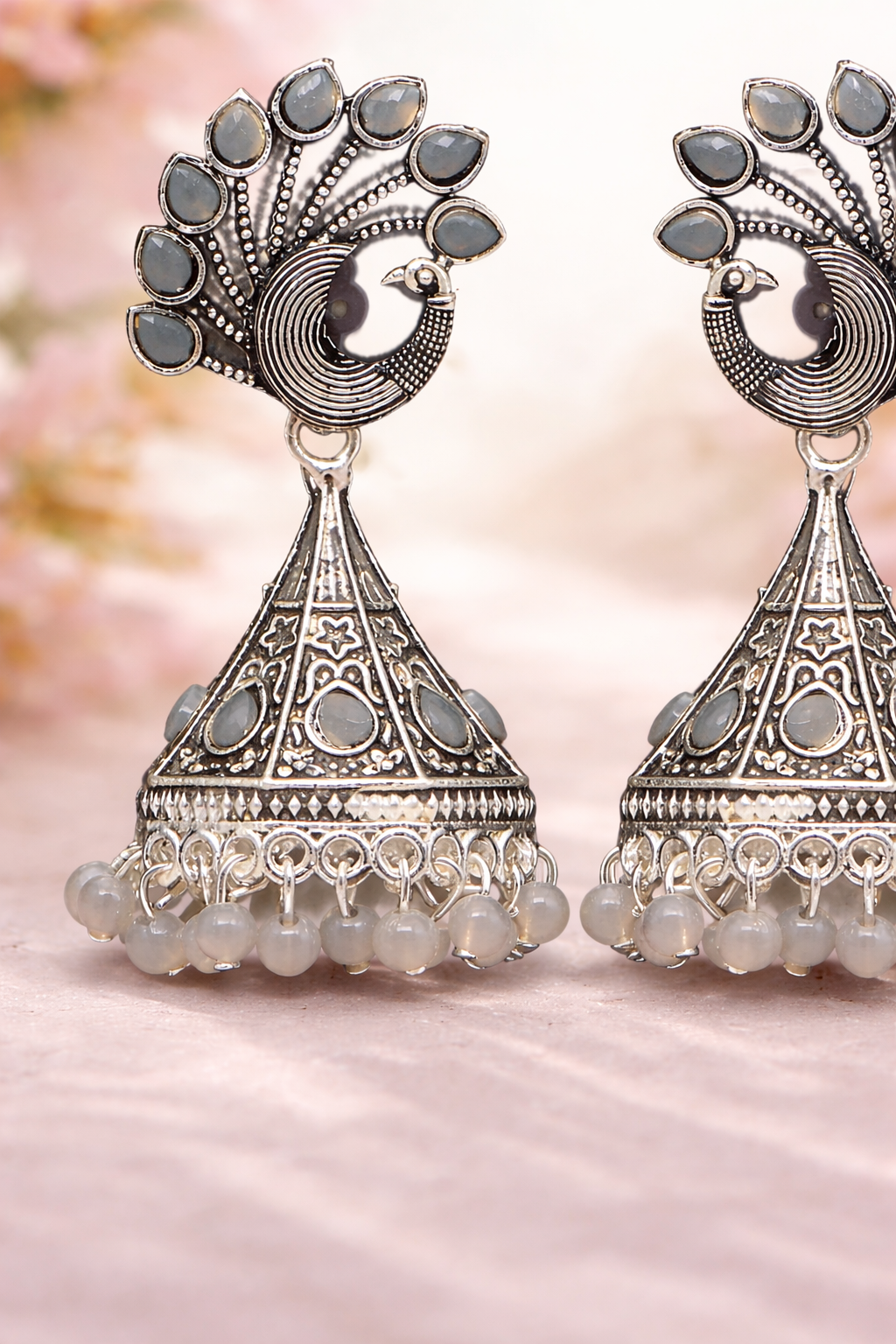 Peacock Grace Oxidised Jhumka Earrings
