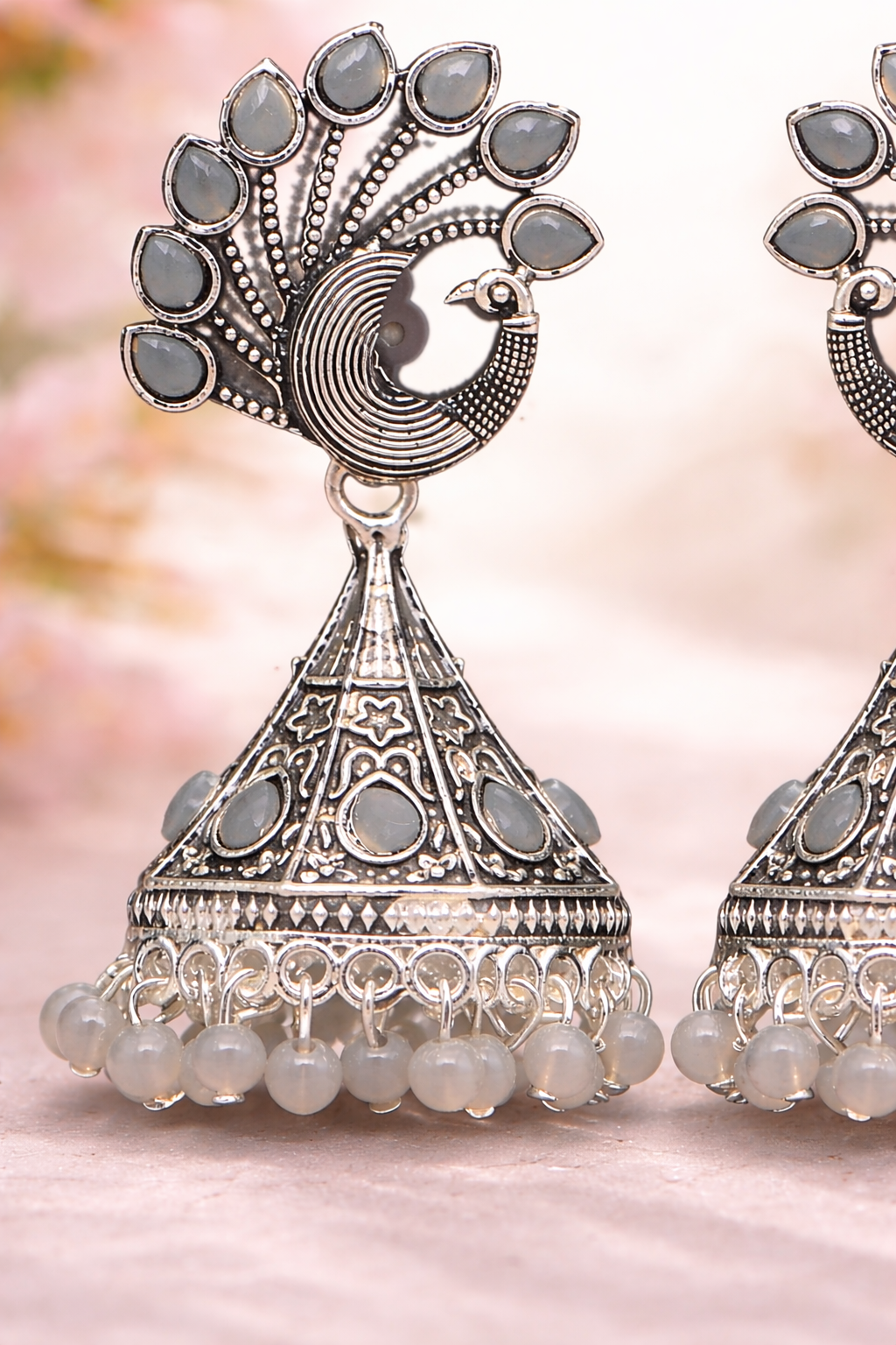 Peacock Grace Oxidised Jhumka Earrings