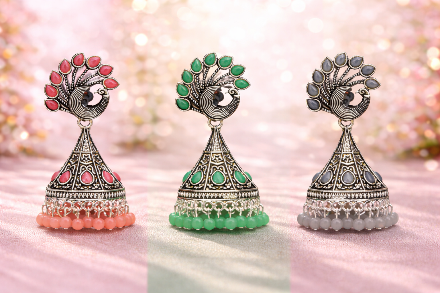 Peacock Grace Oxidised Jhumka Earrings