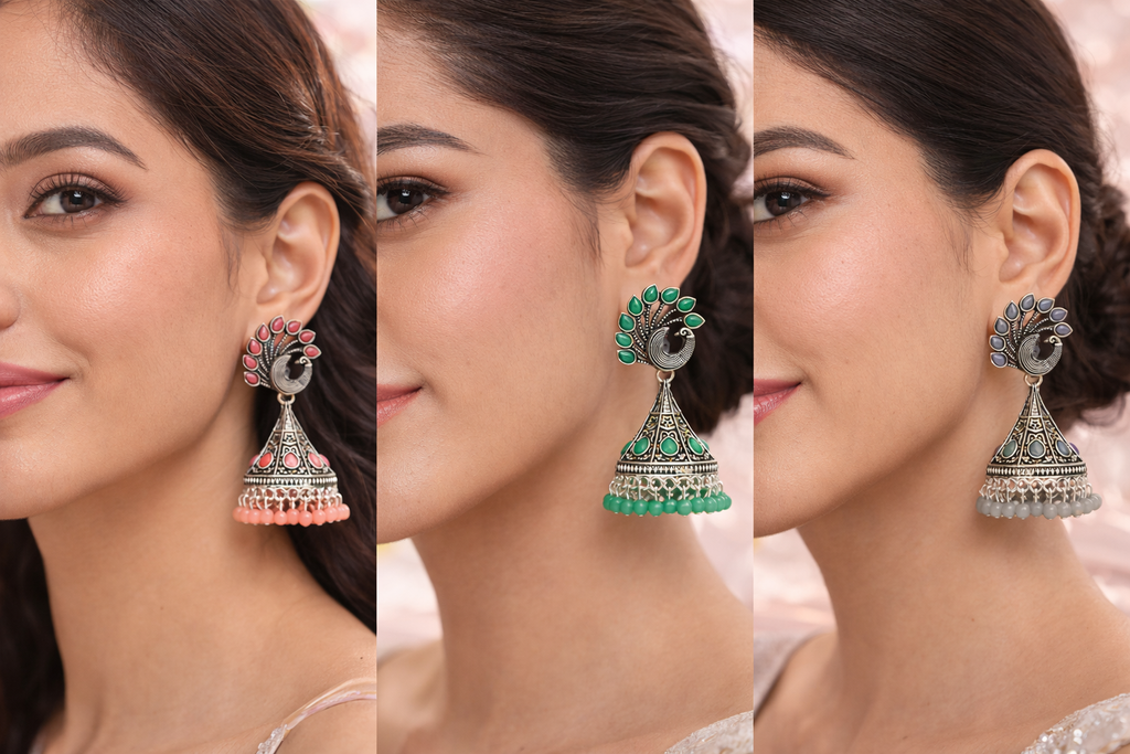 Peacock Grace Oxidised Jhumka Earrings