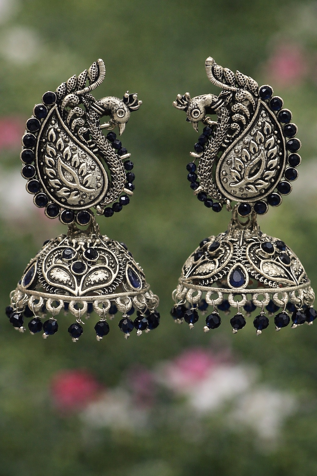 Royal Peacock Oxidised Jhumka Earrings