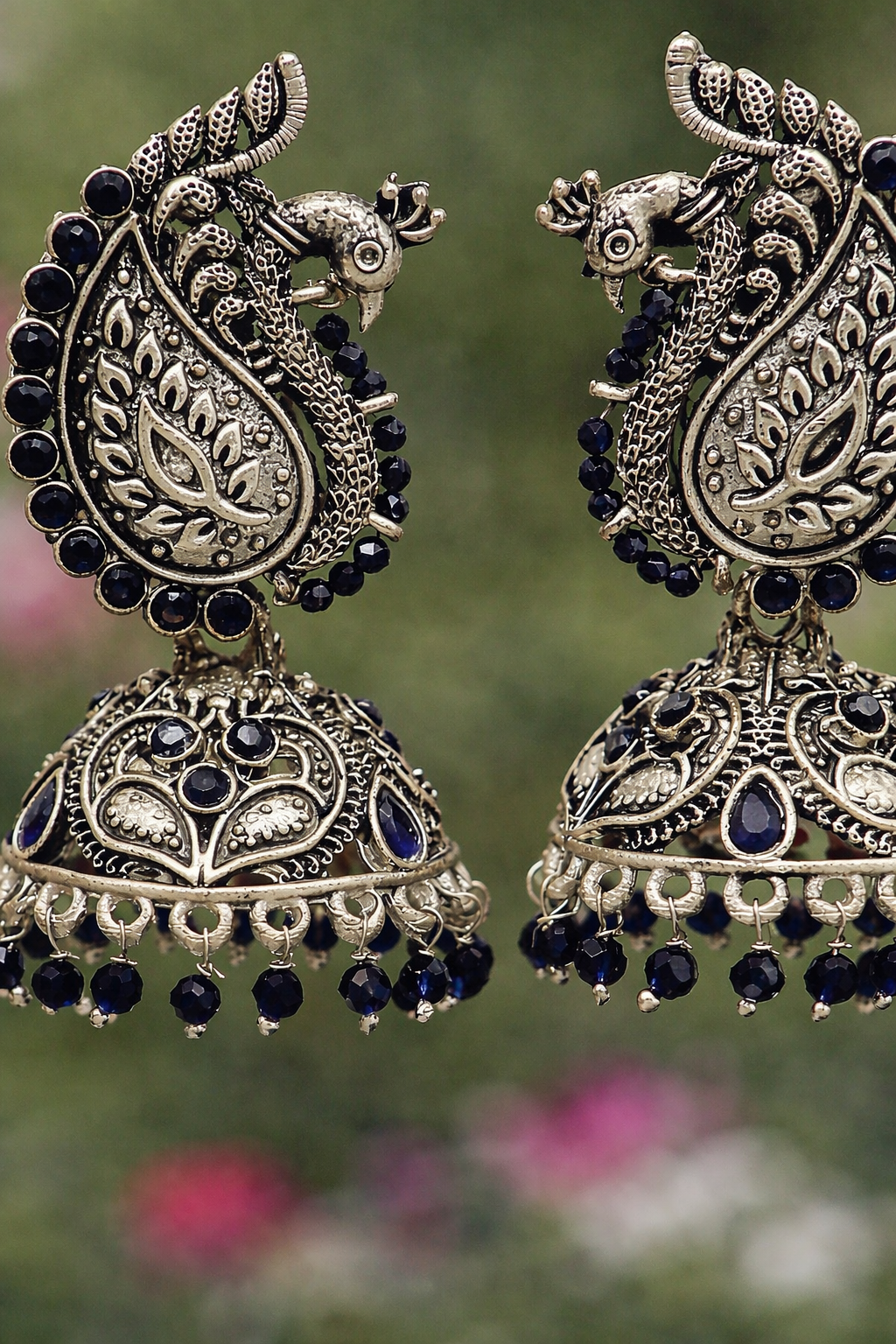 Royal Peacock Oxidised Jhumka Earrings