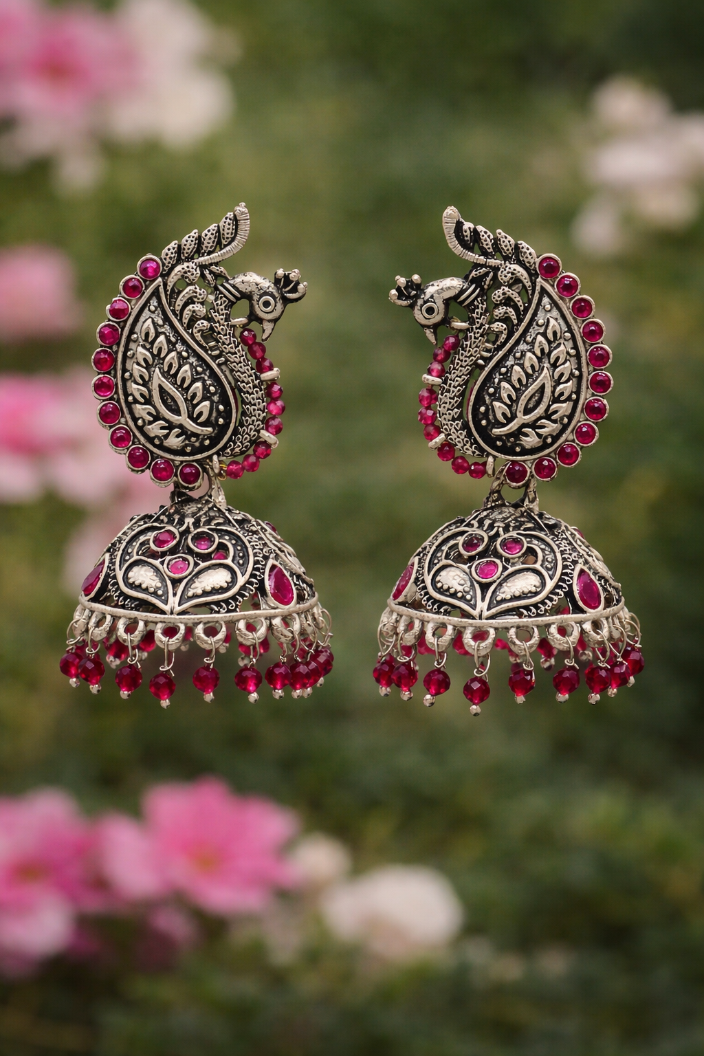 Royal Peacock Oxidised Jhumka Earrings
