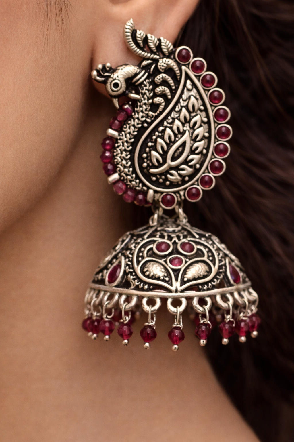 Royal Peacock Oxidised Jhumka Earrings
