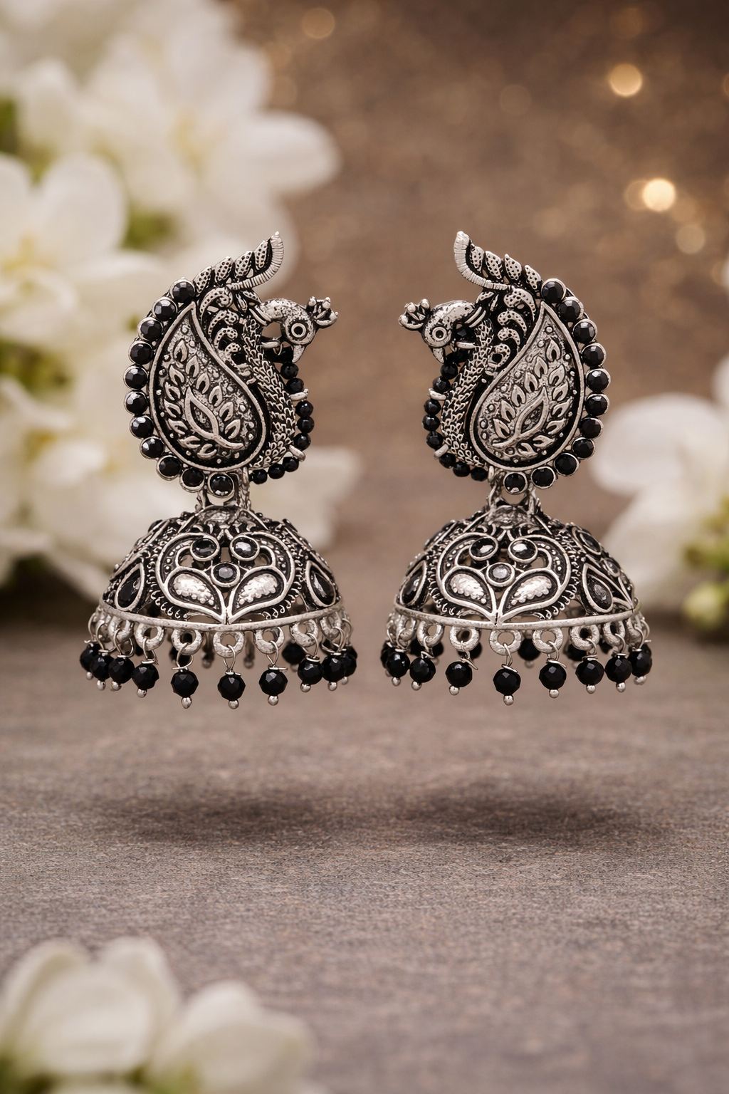Royal Peacock Oxidised Jhumka Earrings