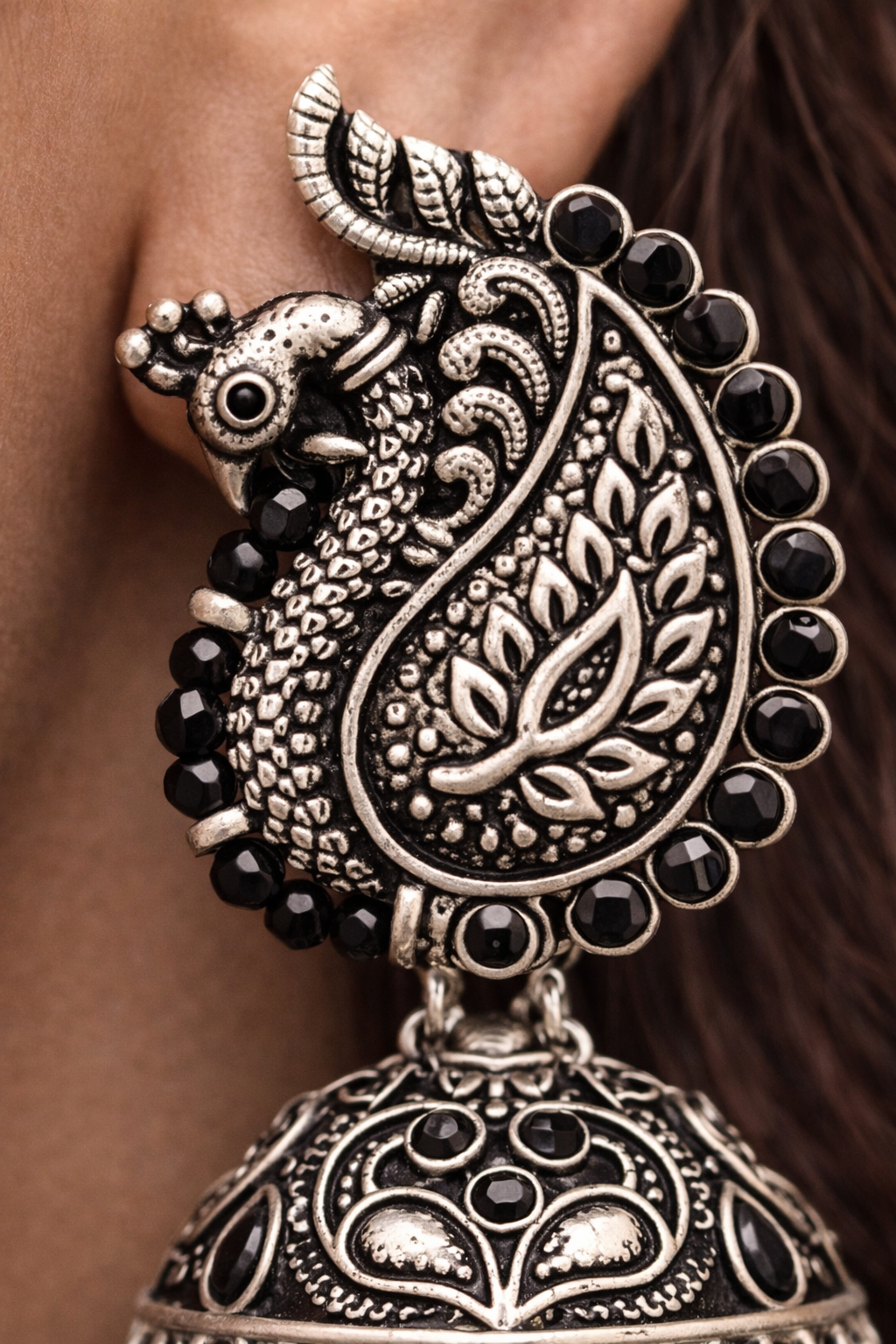 Royal Peacock Oxidised Jhumka Earrings