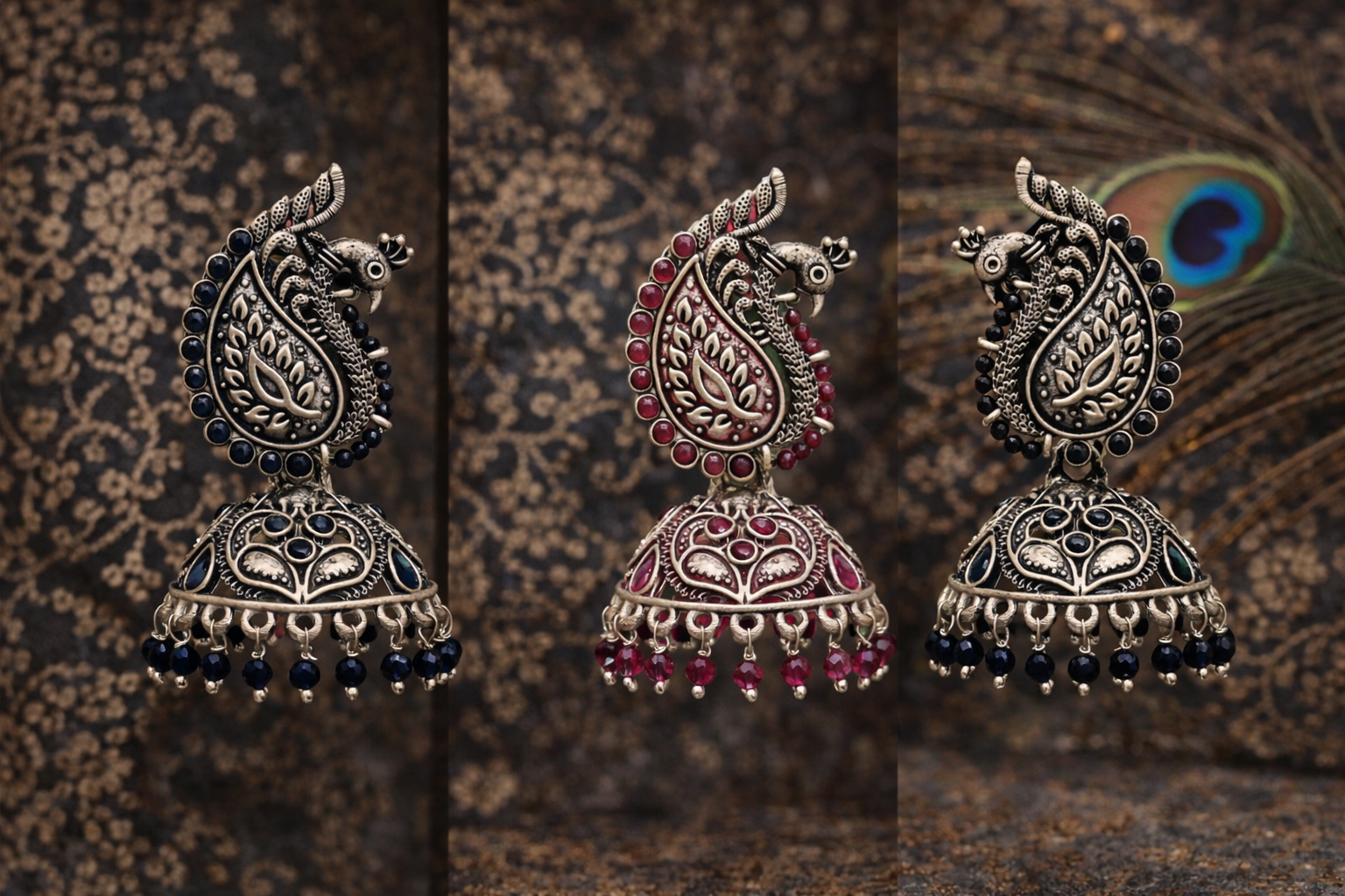 Royal Peacock Oxidised Jhumka Earrings