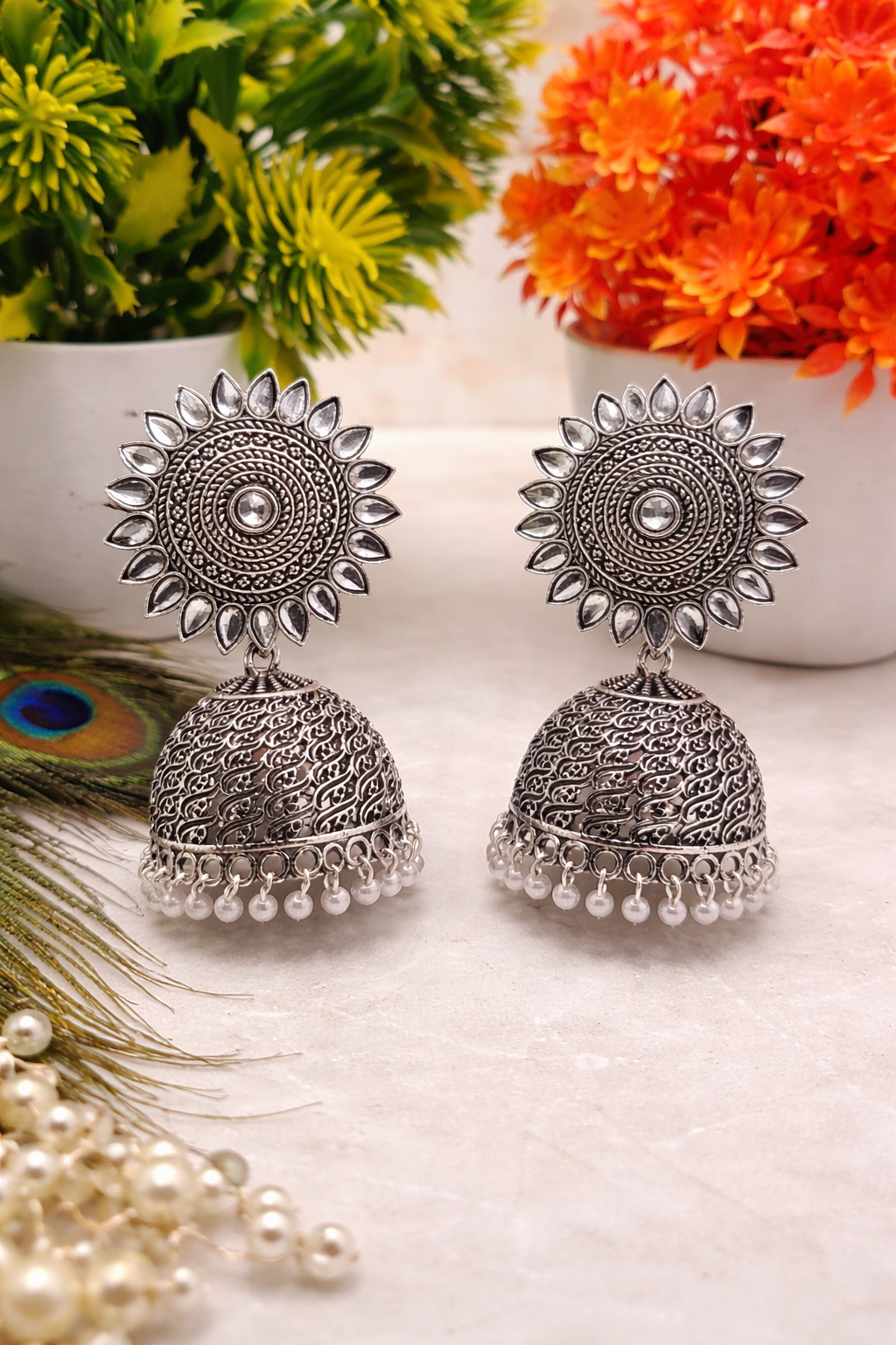 Oxidised Silver Sun Jhumka Earrings