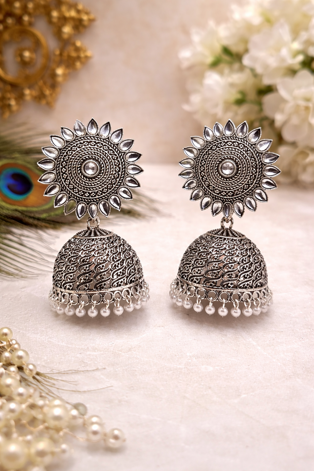 Oxidised Silver Sun Jhumka Earrings