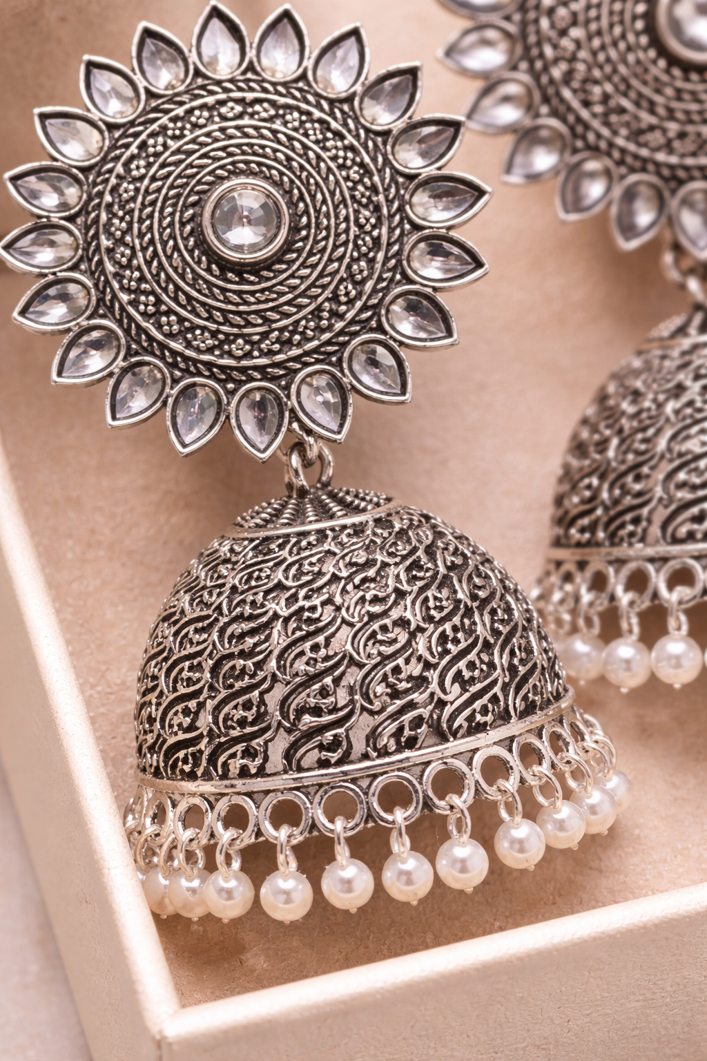 Oxidised Silver Sun Jhumka Earrings