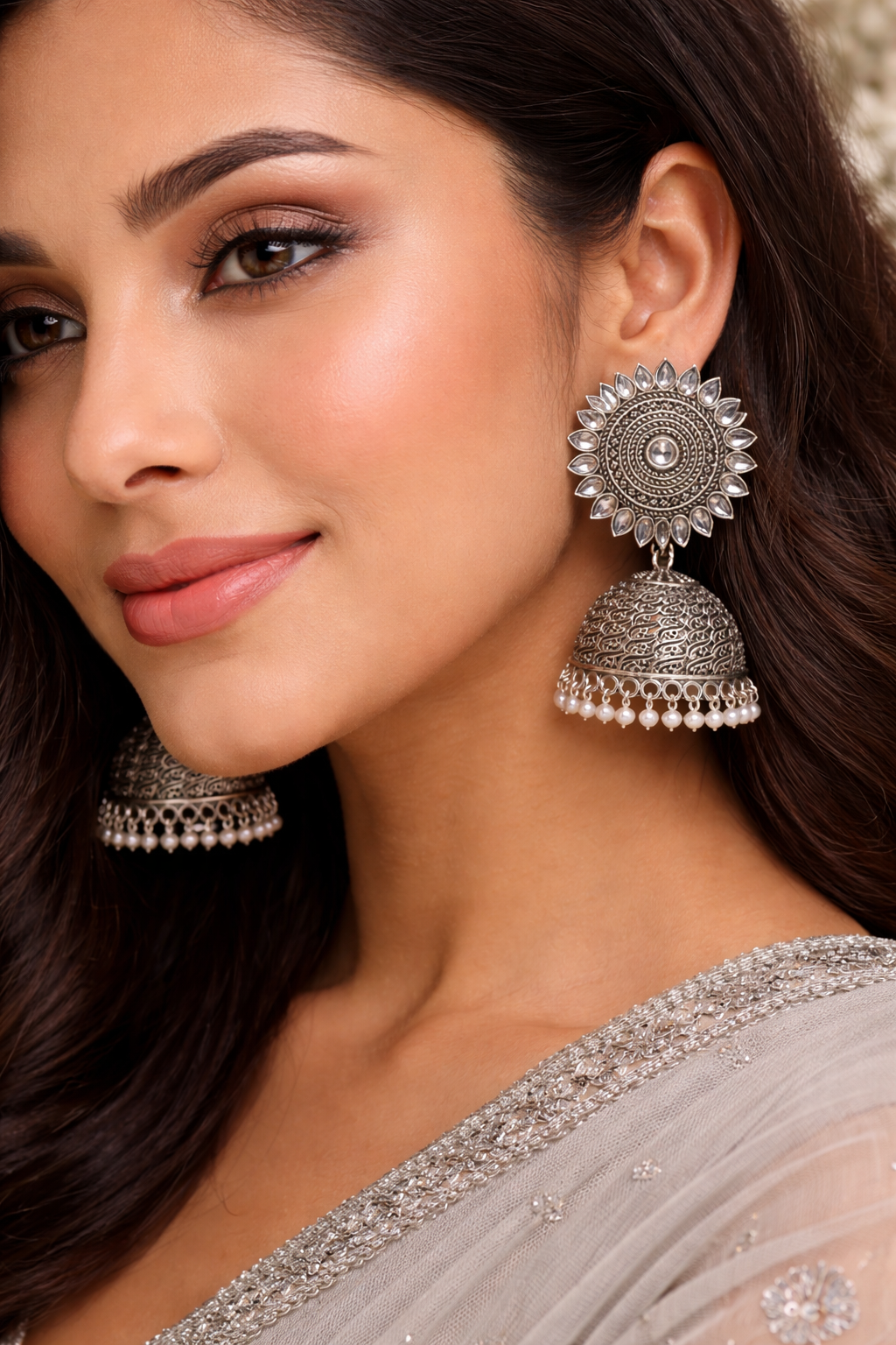 Oxidised Silver Sun Jhumka Earrings
