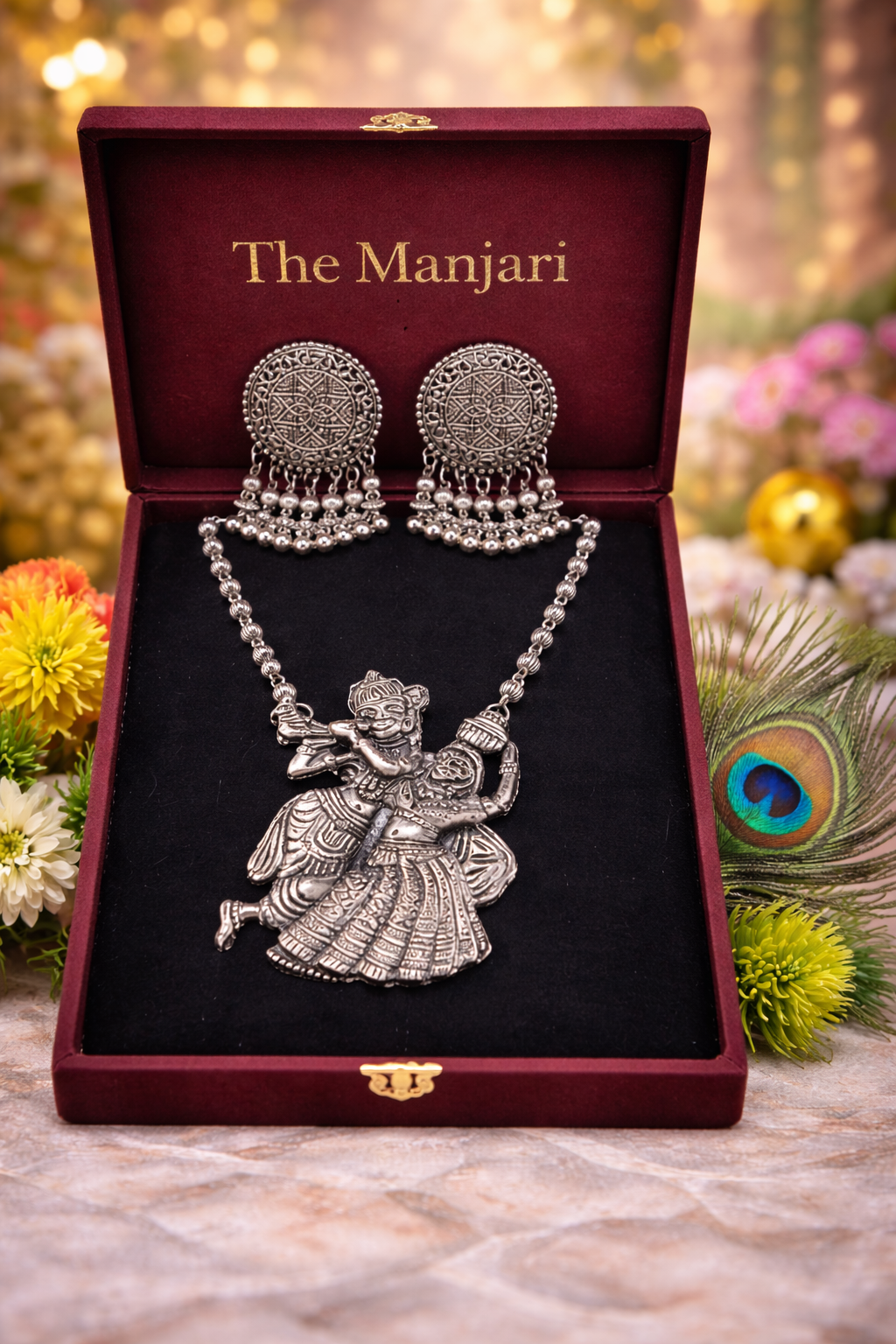 Radha Krishna Oxidised Long Necklace Set