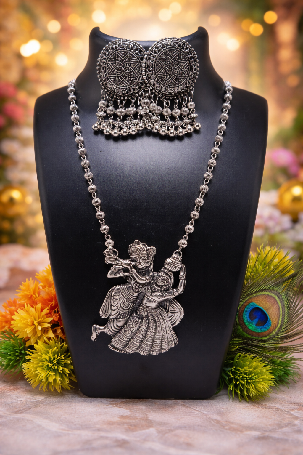 Radha Krishna Oxidised Long Necklace Set