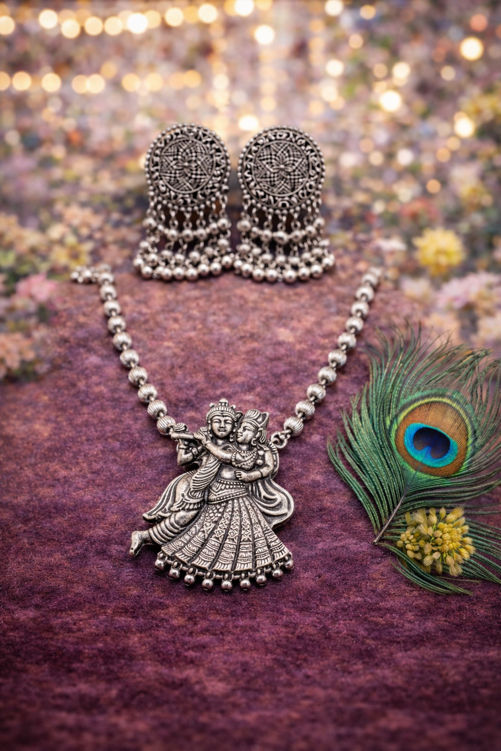 Radha Krishna Oxidised Long Necklace Set