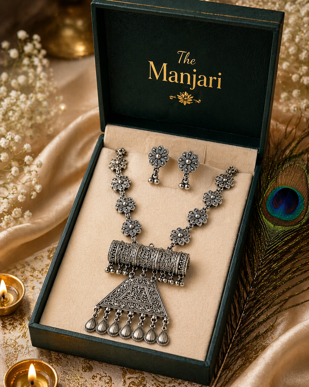 Floral Oxidised Long Necklace Set
